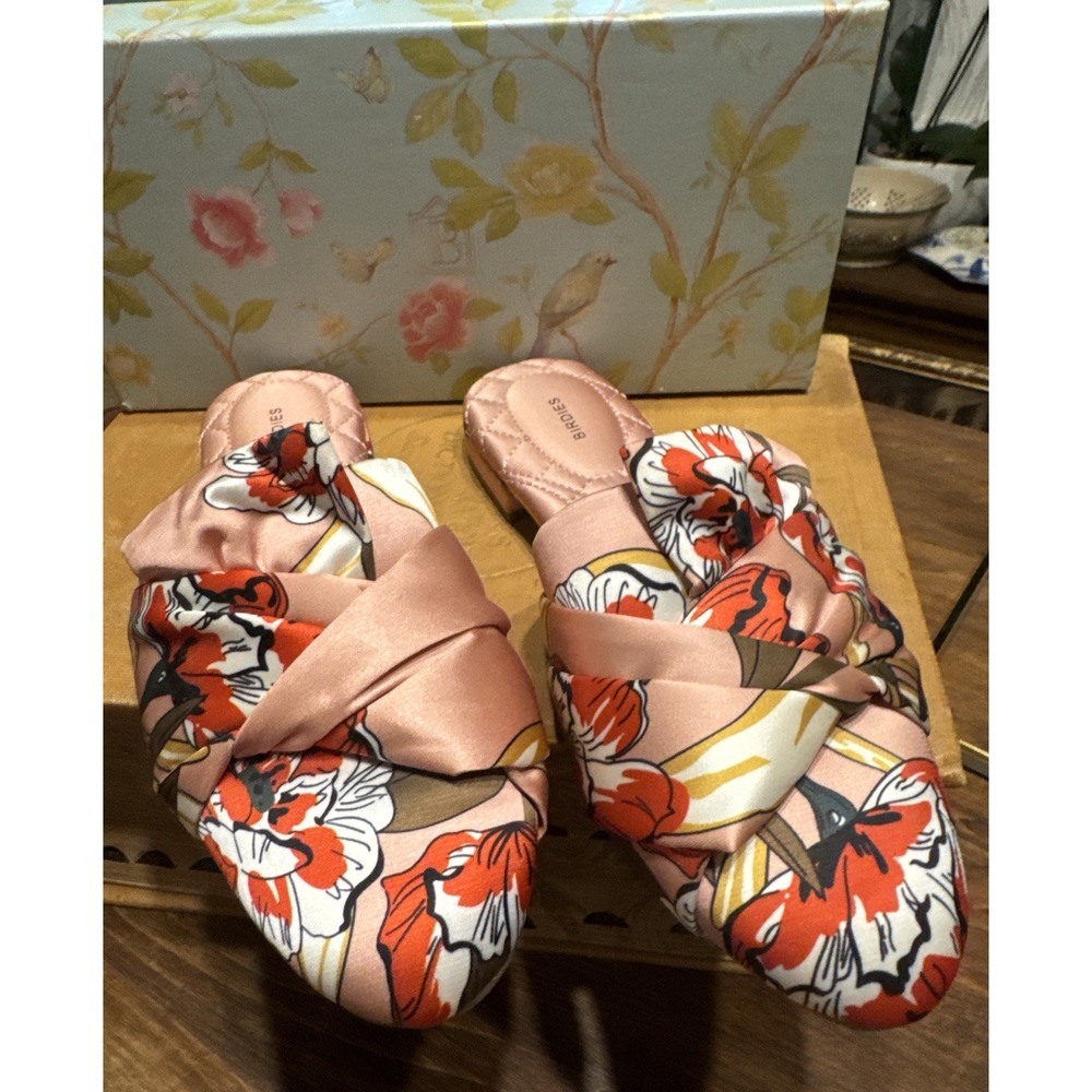 Birdies Floral Satin Bridal Slides Pink Knot Mule Flats Wedding Size 7 Comfort